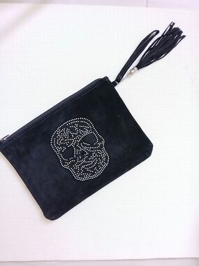 Italian leather Suede Skull black Clutch with tussel, 12x9, Italy, mint, Quality